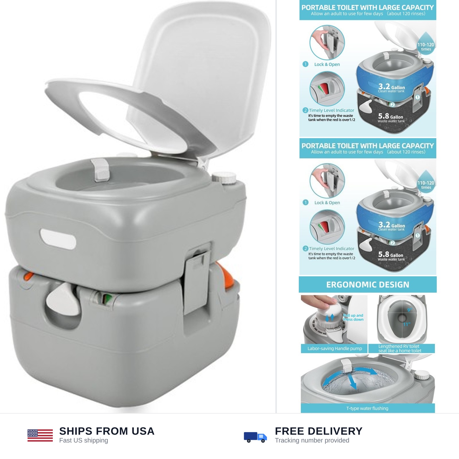 YITAMOTOR Portable Toilet 5.8 Gallon, Camping Porta Potty, RV Toilet with Han…