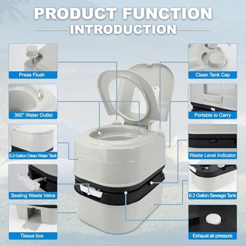 Portable Toilet, 6.4 Gallon 24L Piston Pump Flush with Level indicator