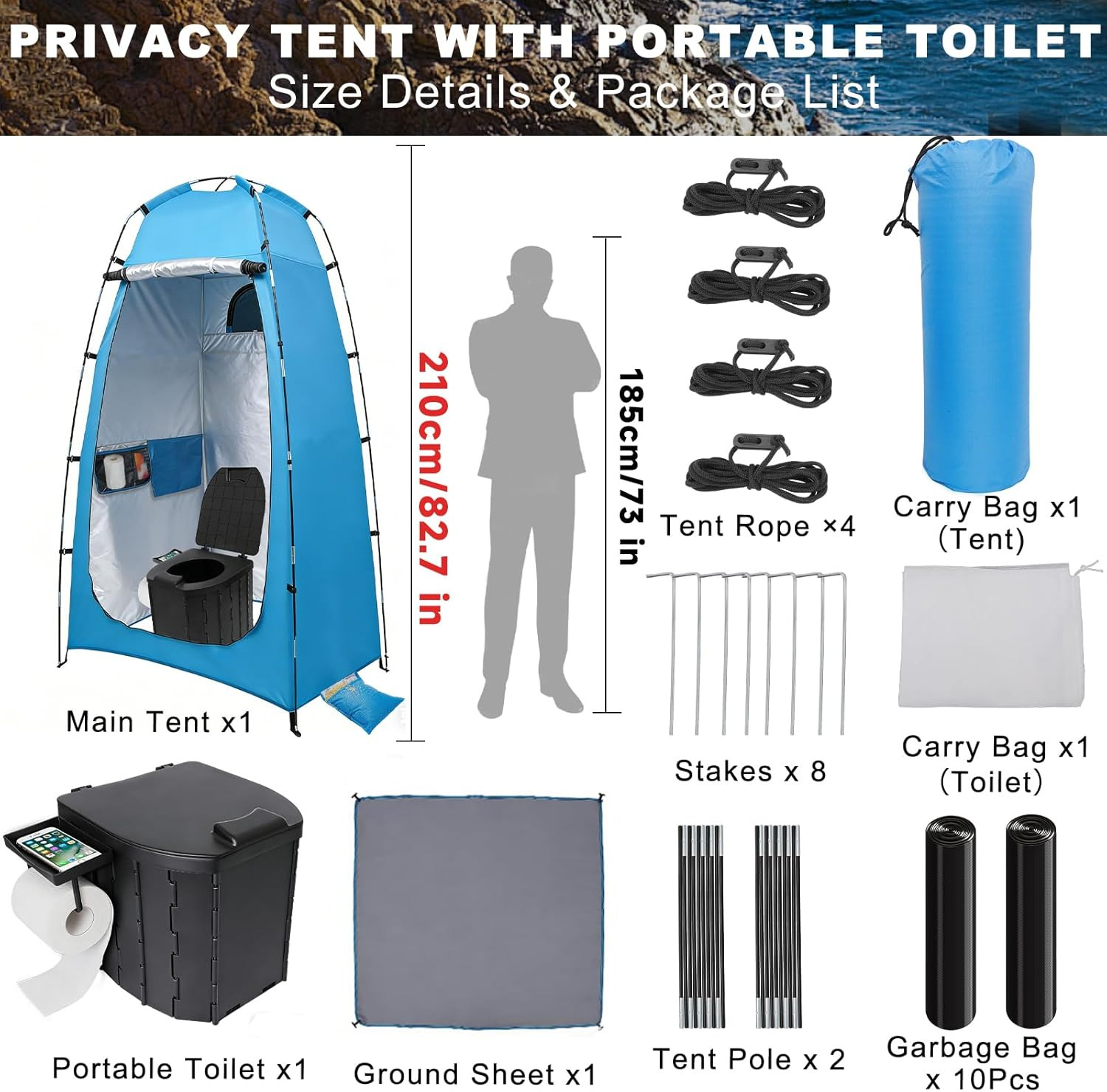 82.7-Inch Tall Shower Tent and Camping Toilet Kit,Easy-Setup Portable Toilet and