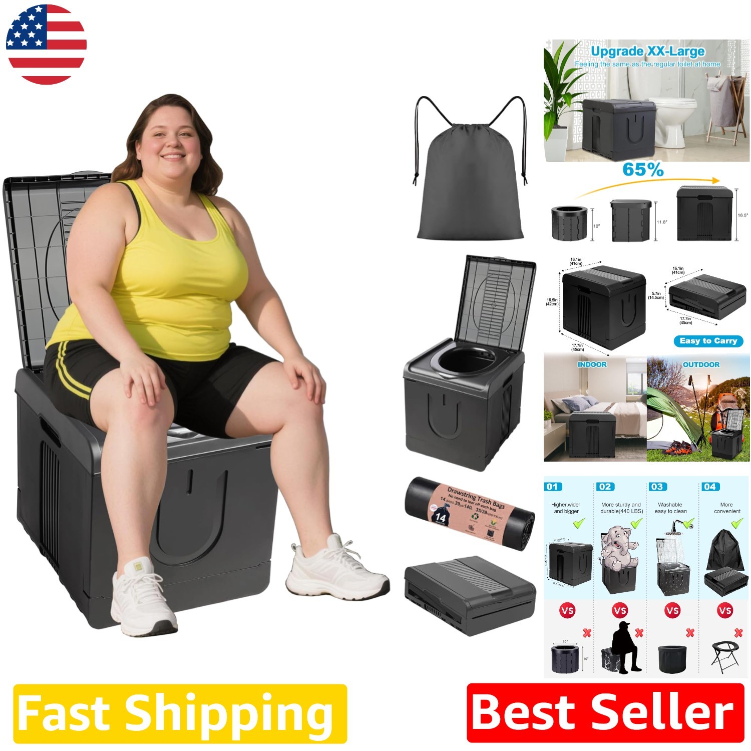 XXL Black Portable Toilet for Car – Foldable Commode, 440lb Capacity, Easy Carry