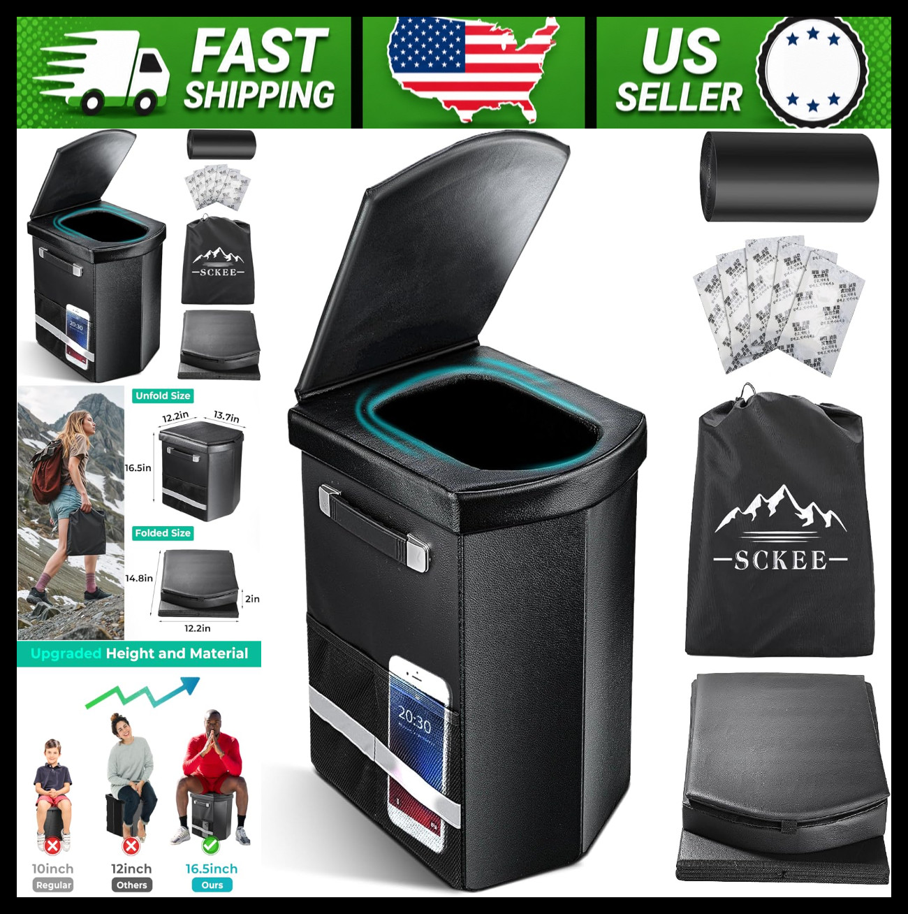 Sckee XL Portable Camping Toilet for Adults with Lid and Carry Bag