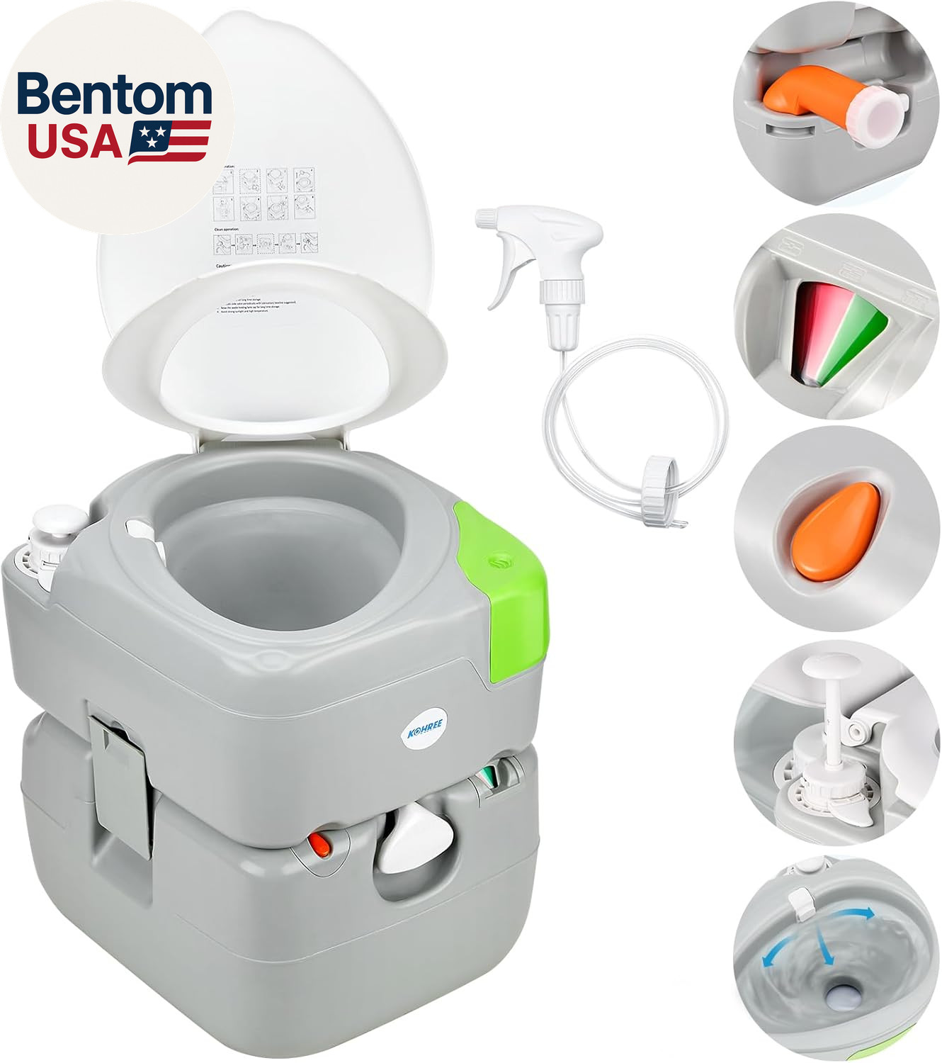 5.8 Gal Camping Toilet: Portable Toilet for Adults with Diagonal Elongated Bowl