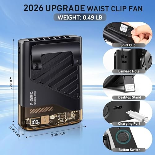 2026 Portable Waist Fan, Clip-On Personal Cooling Fan, LED Display, 10000RPM,