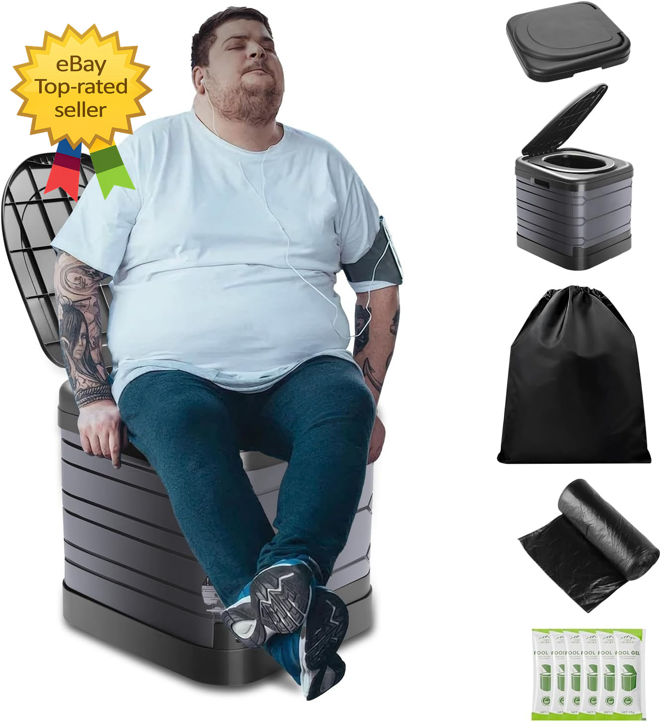 XXL Portable Camping Toilet 16 Inch Tall with Lid Carry Bag Heavy Duty Potty“`