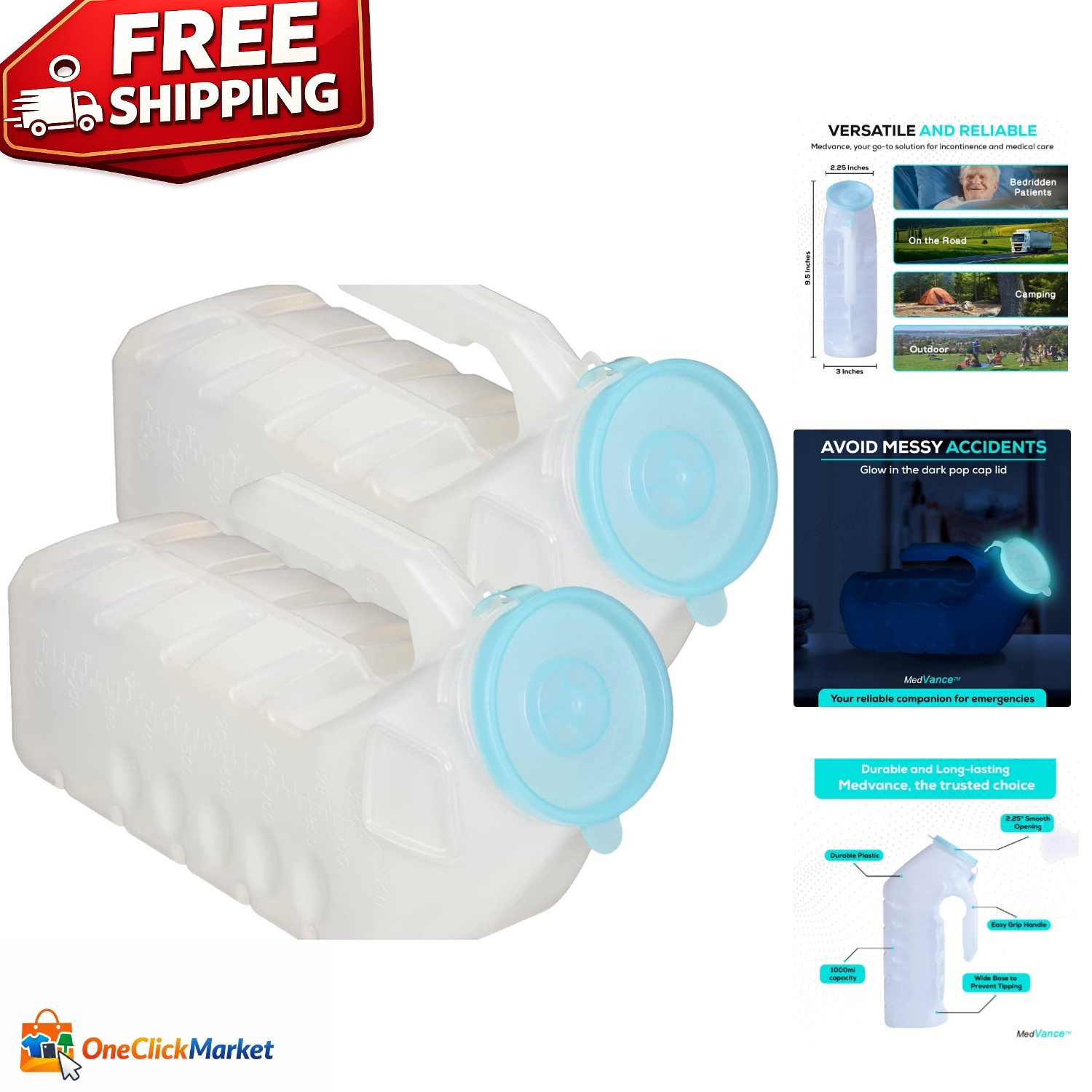 1000ml Portable Urinals for Men – 2 Pack, Spill-Proof & Glow-in-the-Dark