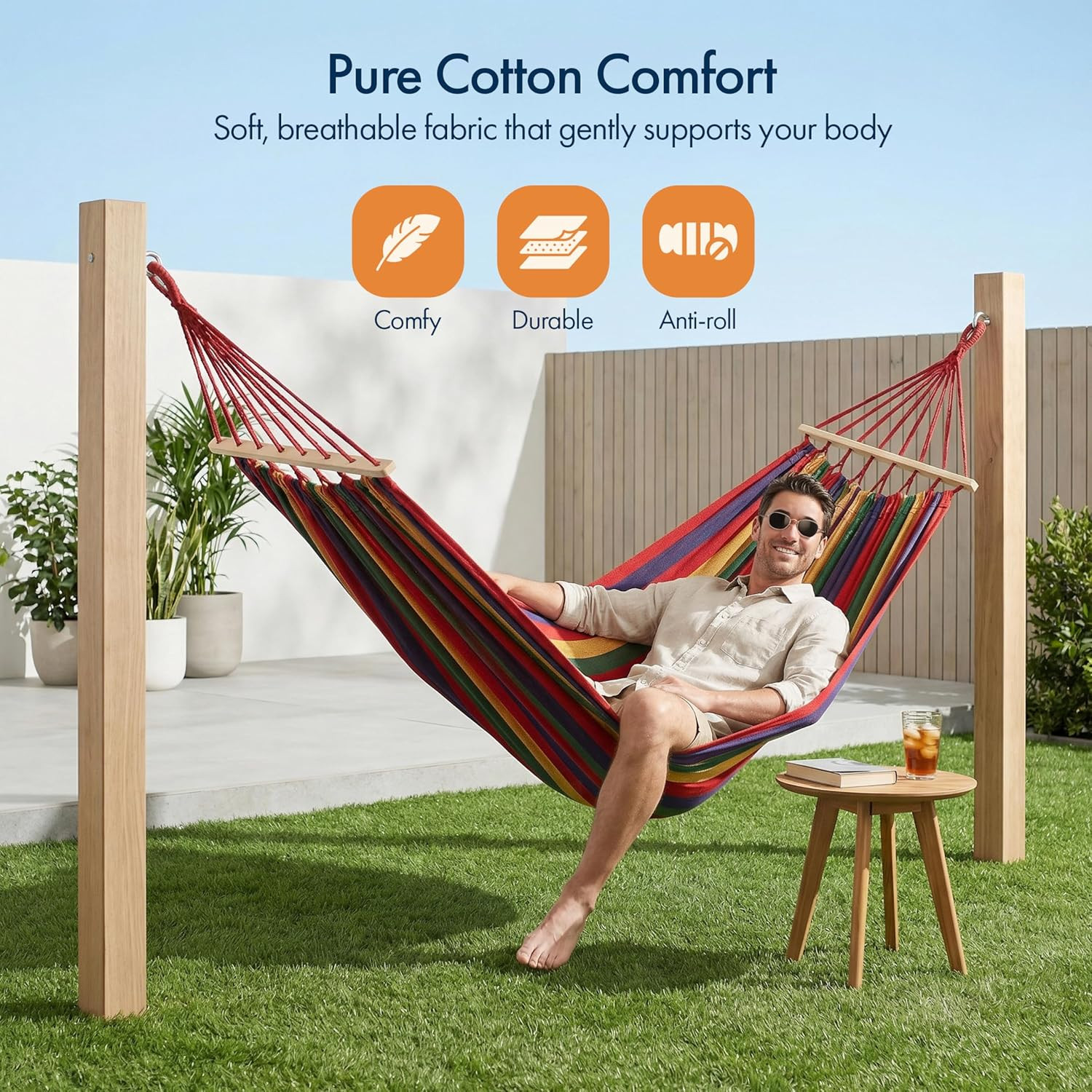 Multicolor Striped Fabric Hammock with Wood Spreader Bars Portable Outdoor Hangi