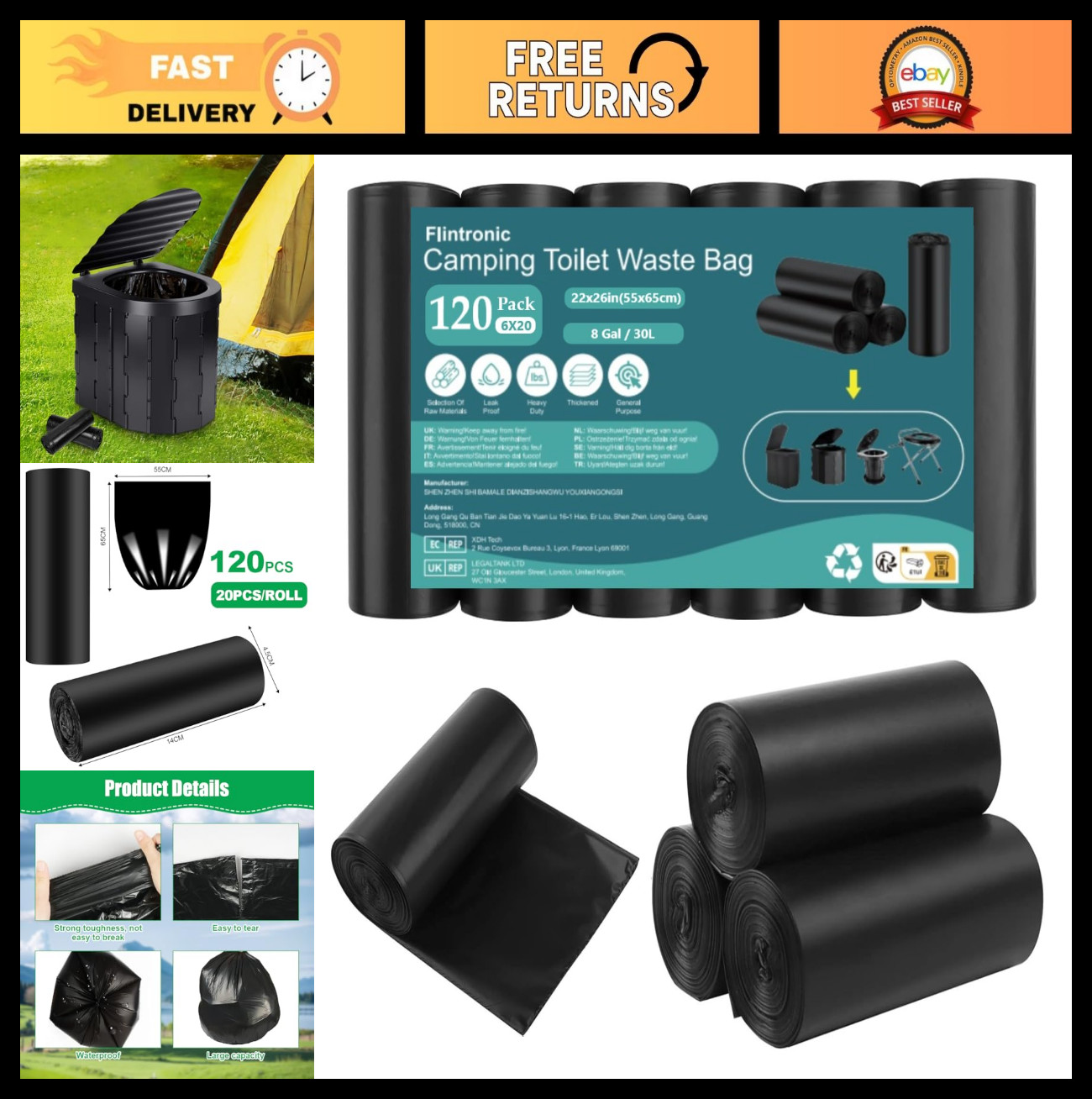 Portable Camping Toilet Bags – 120 PCS Thick Waste Bags for Travel, Hiking, Home