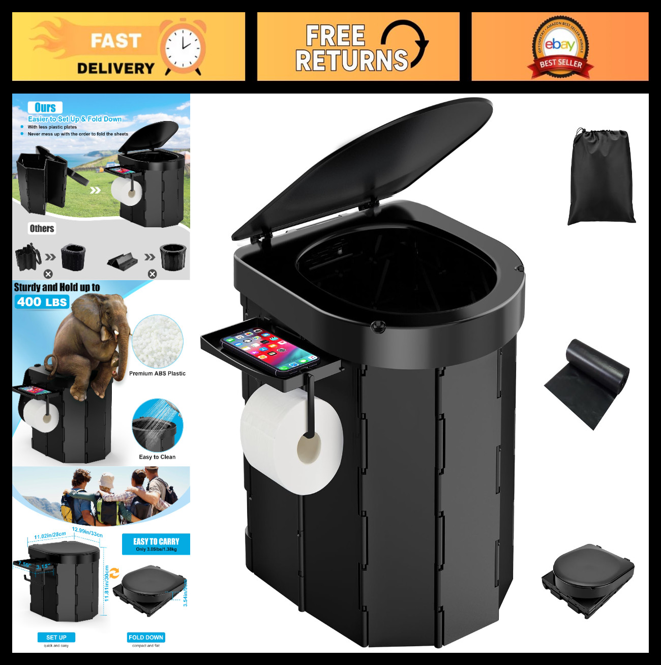 Portable Camping Toilet – Foldable, Waterproof, Detachable Phone Shelf & Paper H