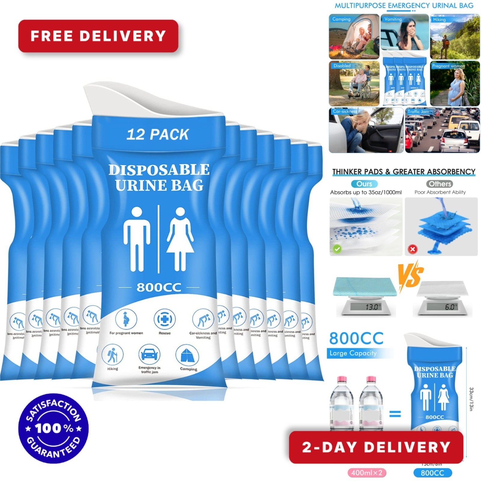 DIBBATU Disposable Urine Bag – 12/24 Pack Portable Unisex Pee Bags