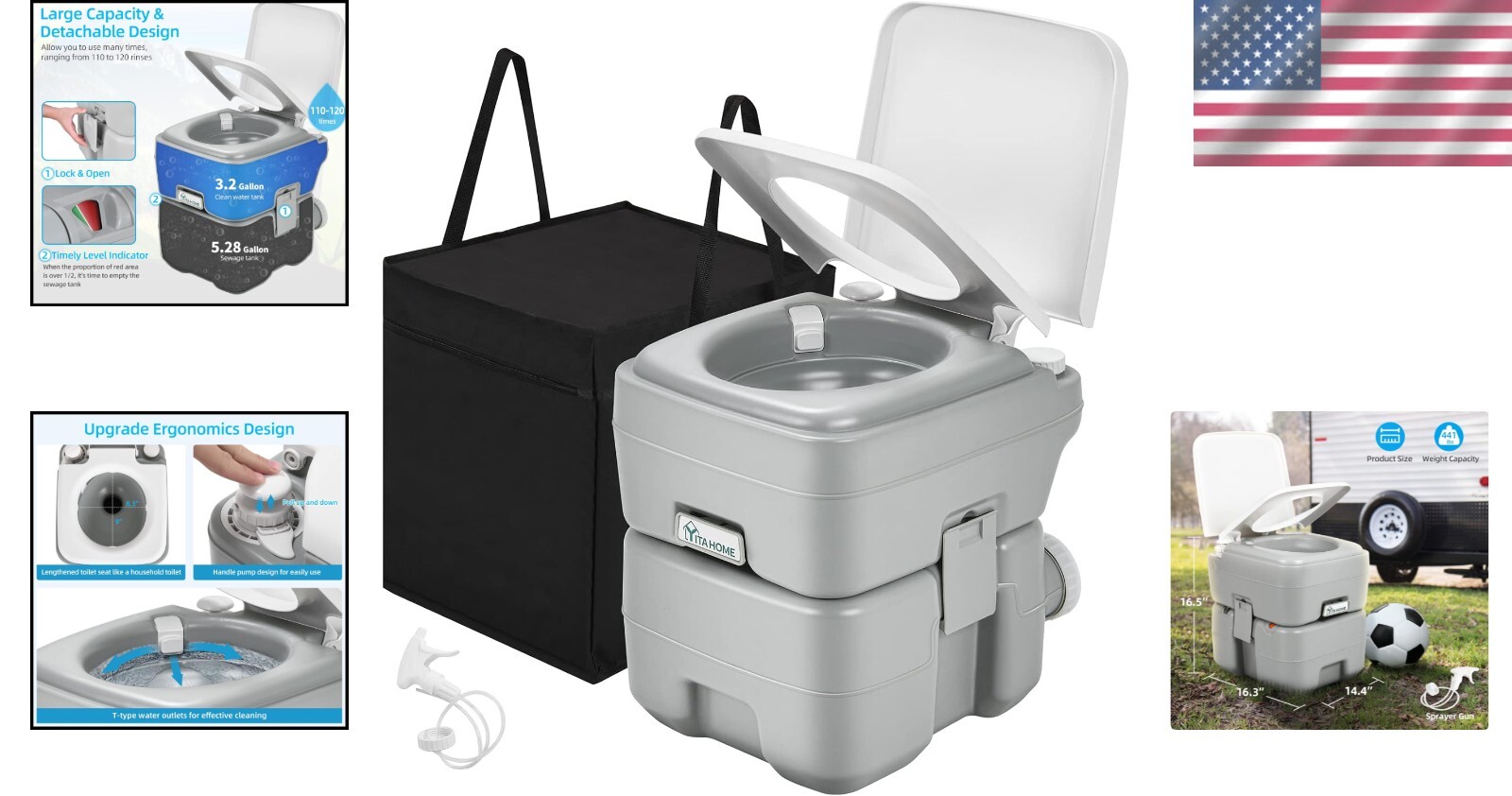 Durable 5.28-Gallon Porta Potty with Level Indicator & Carry Bag for Travel
