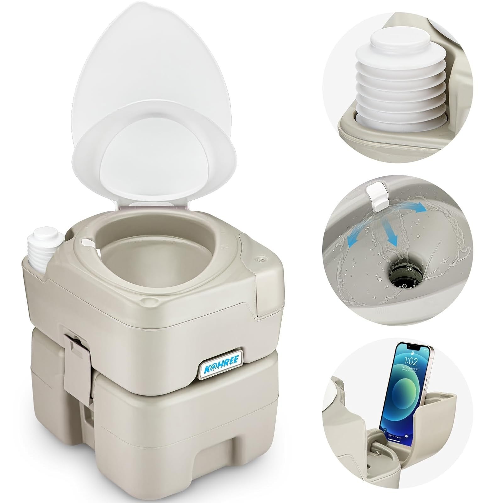 Kohree Portable Camping Toilet 5.3 Gal with Elongated Bowl for RV, Boat, Home
