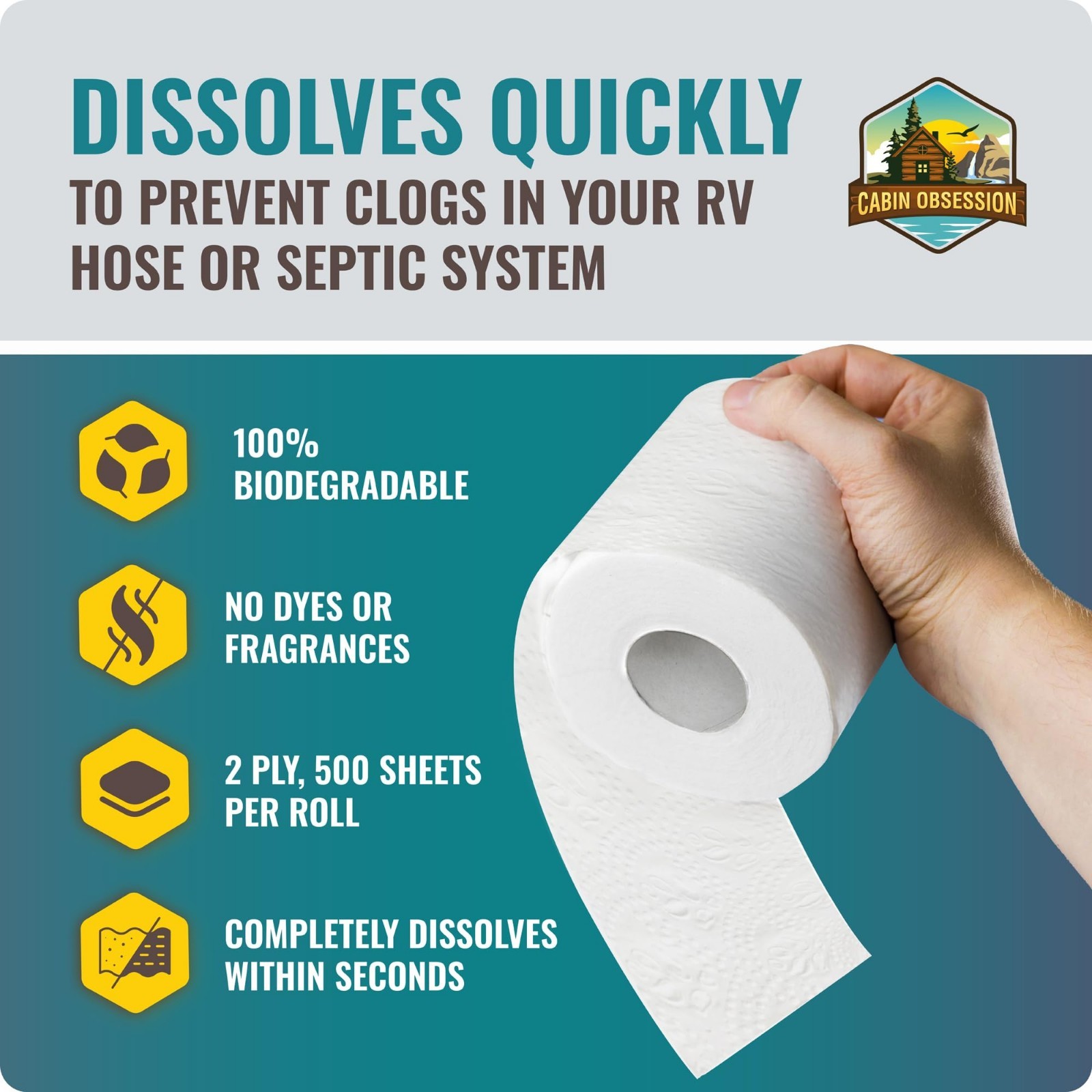 Septic Safe RV Toilet Paper – 12 Pack, 2-Ply Quick Dissolving Camper Tissue