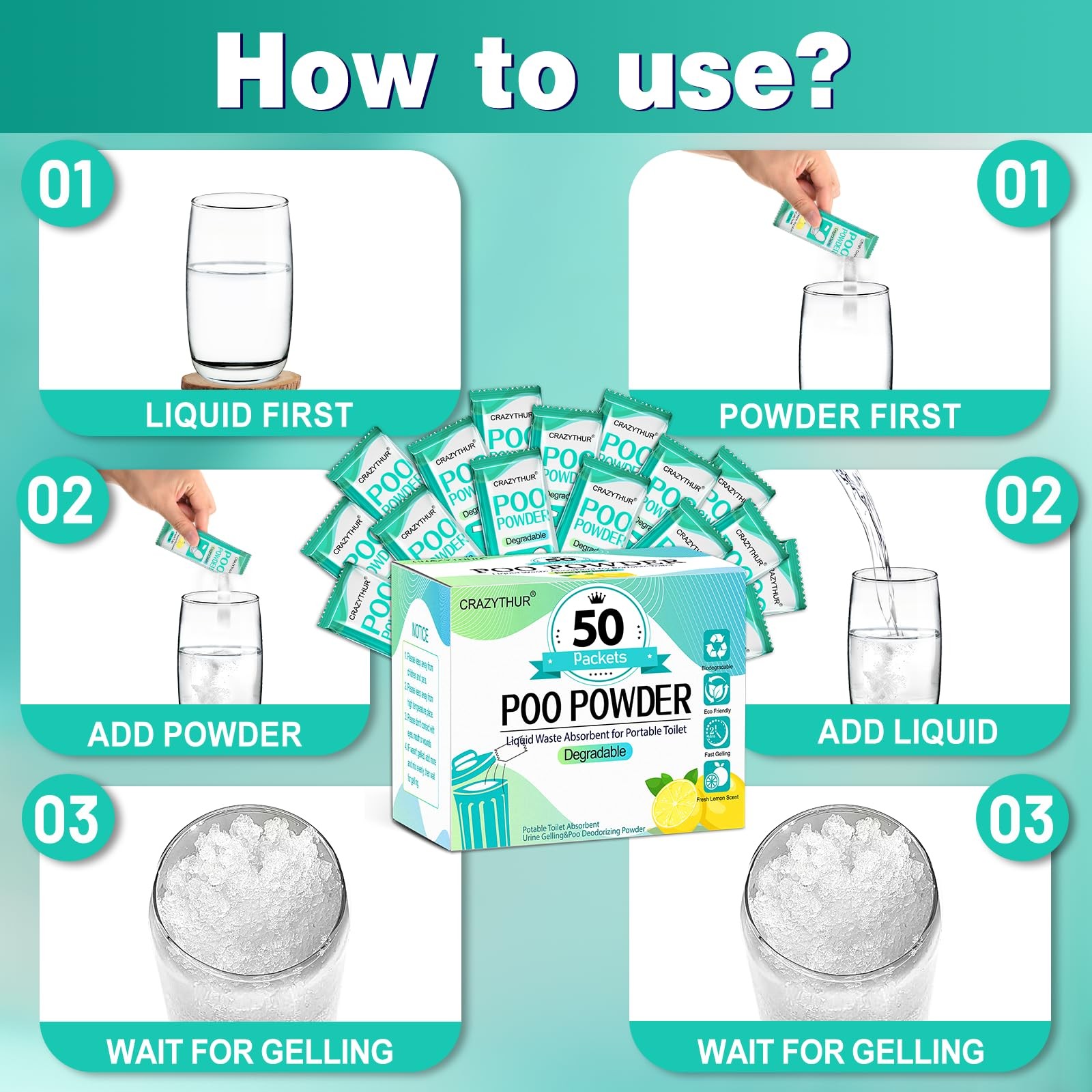 Portable Toilet Gel Poo Powder Camping Hiking RV Biodegradable 50 Pack 10g