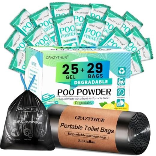Portable Toilet Gel, Poo Powder for Portable Toilet, Camping 25Powder+29Bags