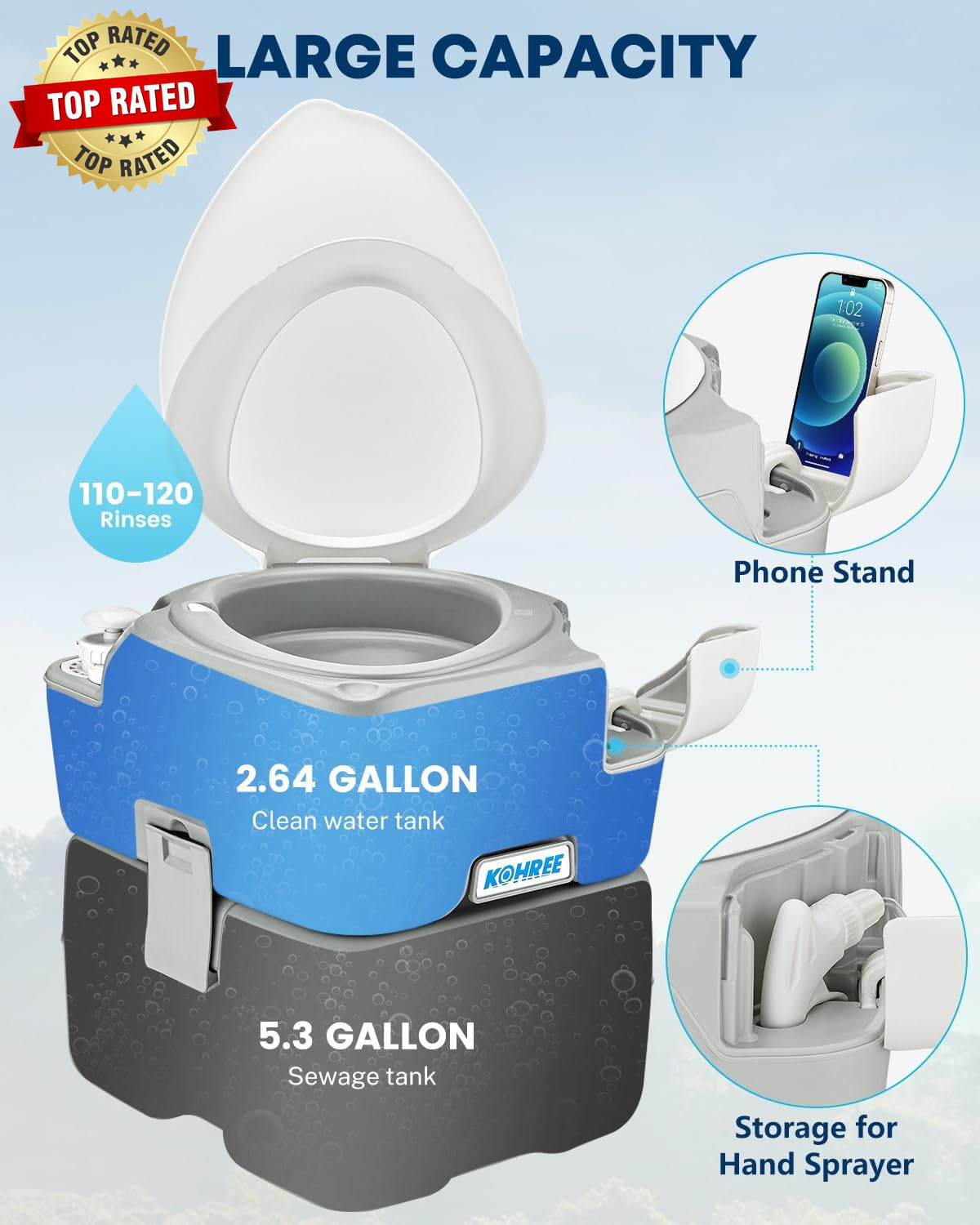 Camping Toilet Portable 5.3 Gal: 20L Porta Potty for Adults with Diagonal Elonga