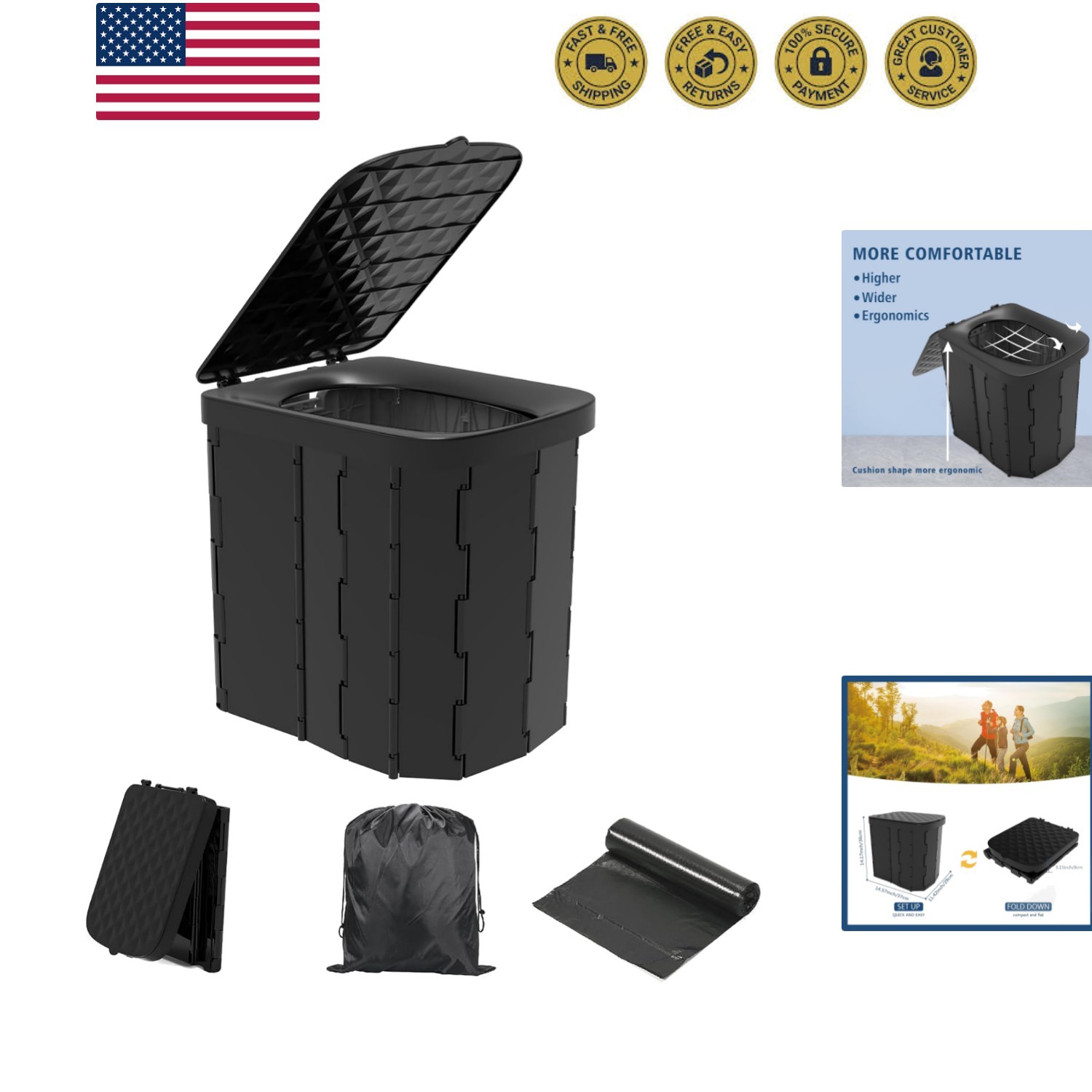 XL Portable Folding Camping Toilet – Travel Potty for Adults, 12 Toilet Bags,…