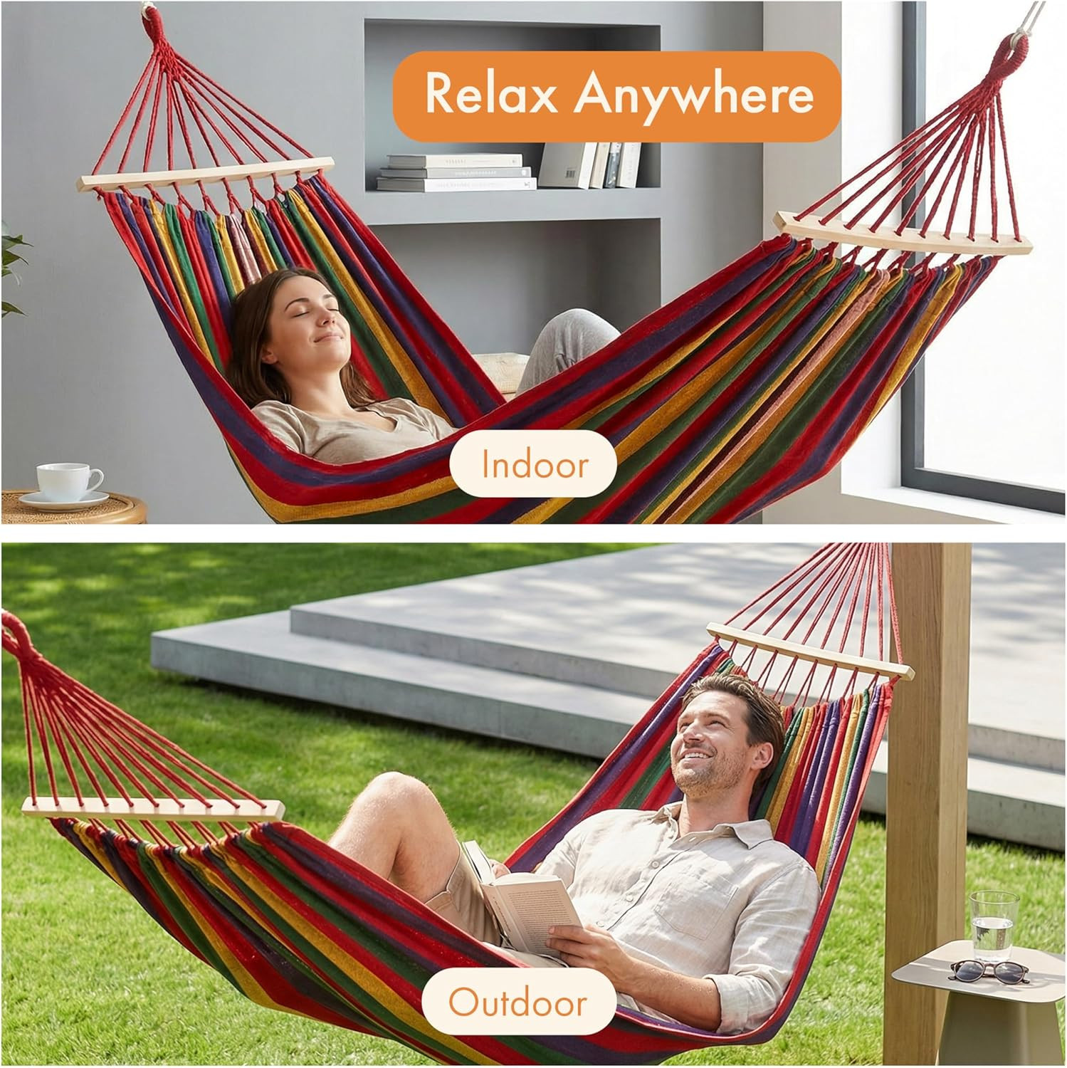 Multicolor Striped Fabric Hammock with Wood Spreader Bars Portable Outdoor Hangi
