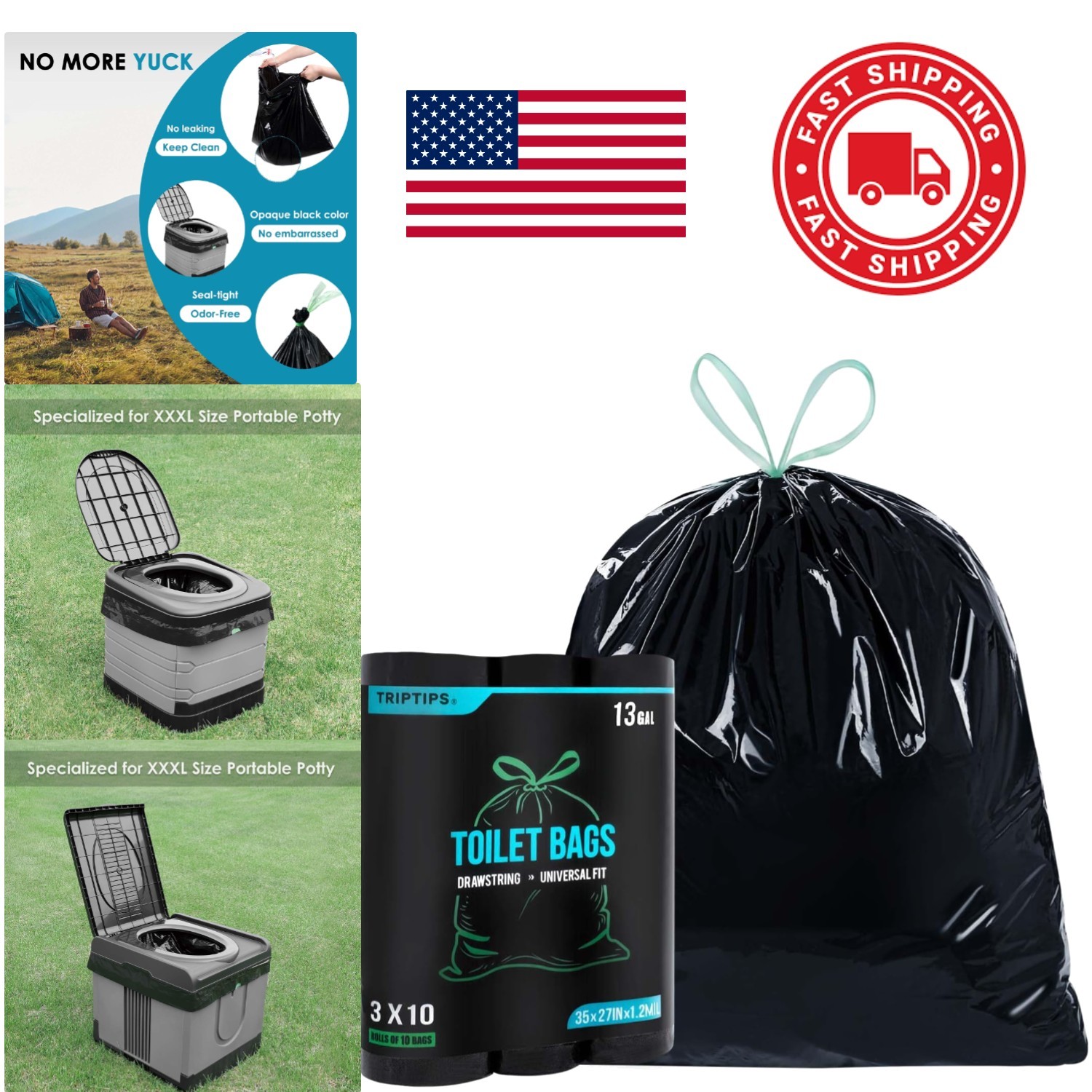 Sanitary Portable Toilet Bags 13 Gallon Size Odor Free Waste Bags for Outdoors