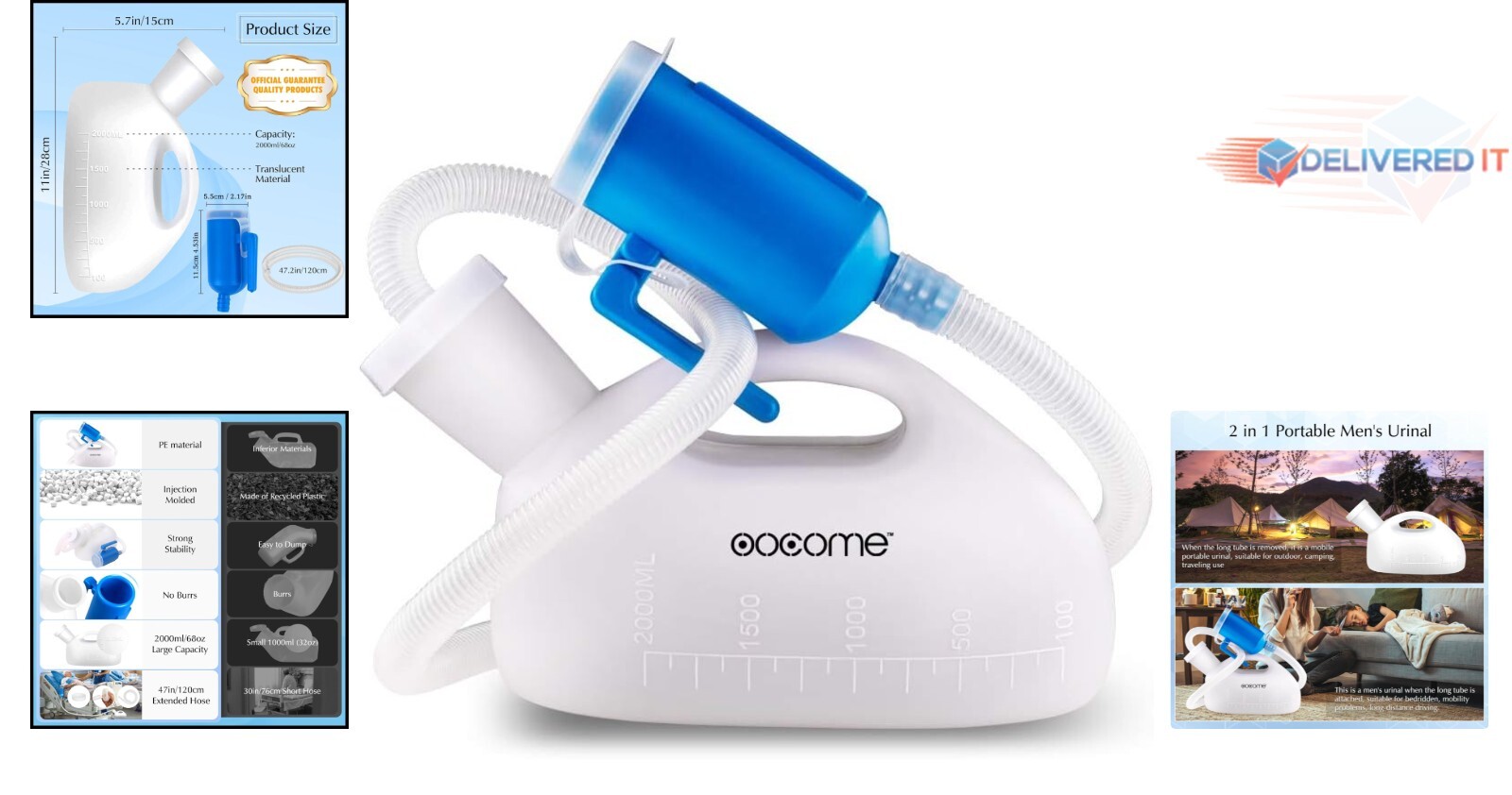 Portable Male Urinal Bottle 2000ml Spill Proof Reusable Camping Toilet