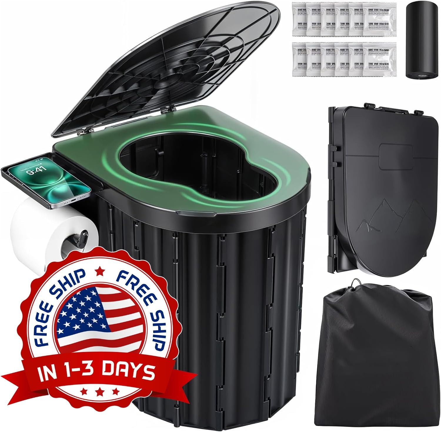 Inodoro Portátil Para Acampar, Inodoro Plegable Para Adultos Con Tapa, Negro NEW