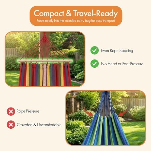 Multicolor Striped Fabric Hammock with Wood Spreader Bars Portable Outdoor Red