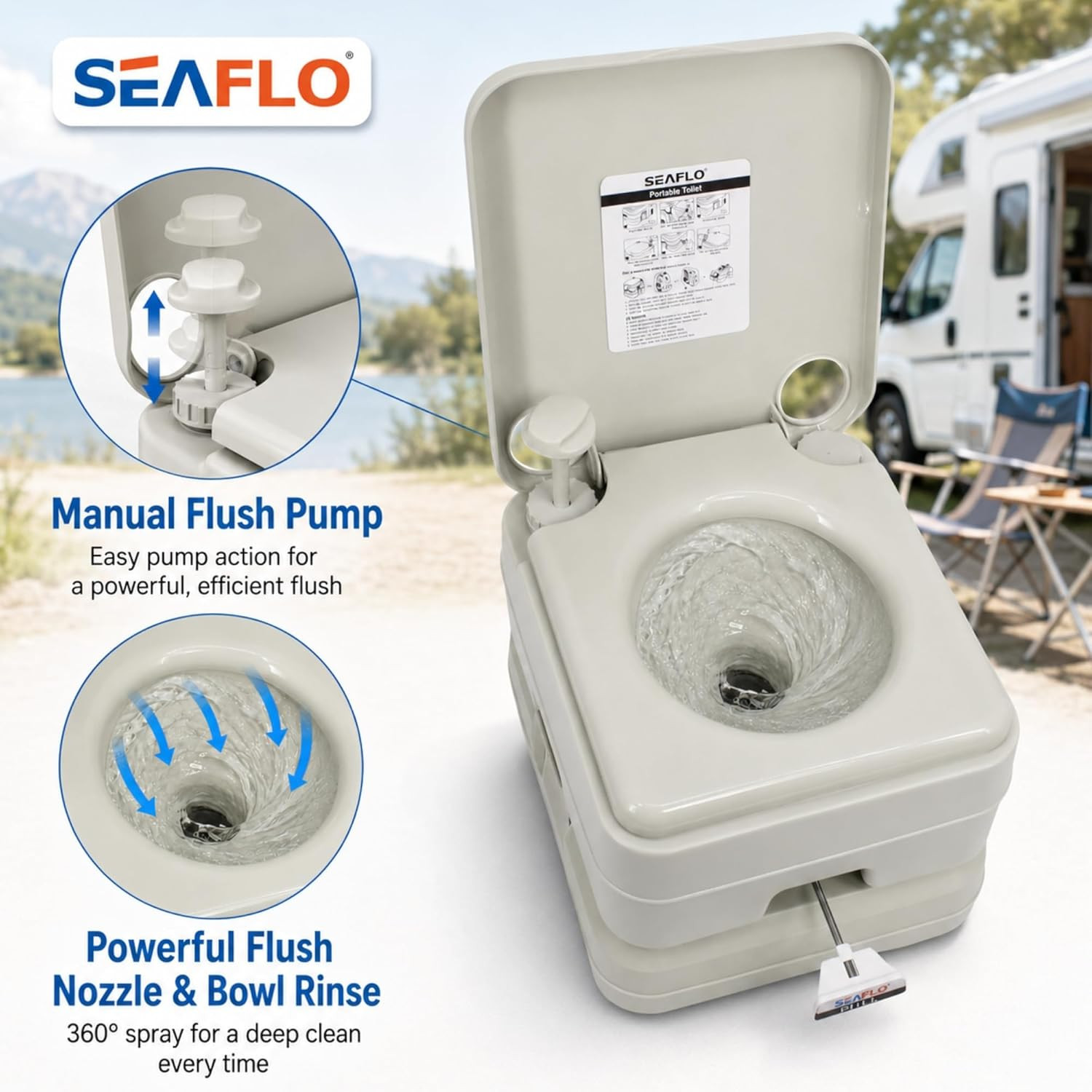 SEAFLO Premium Camping Portable Toilet – 5.8 Gallon Waste 3.43 Gall Fresh Tank (