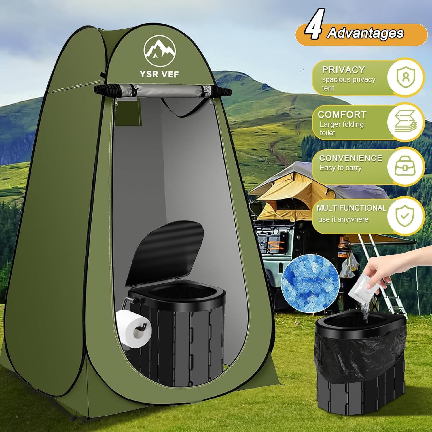 Portable Toilet Kit, Camping Toilet with Pop-Up Privacy Tent and Poo Gel Toilet