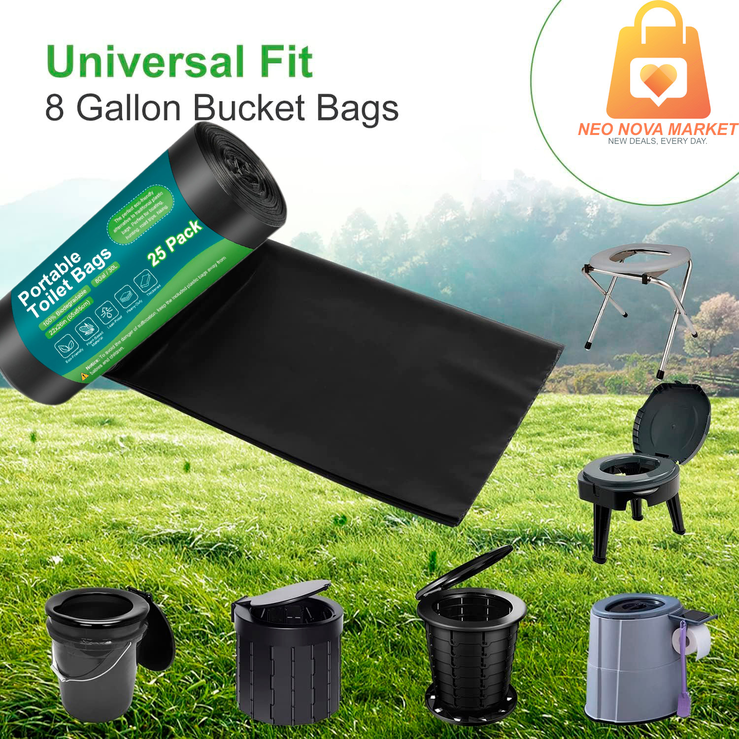 25 Portable Toilet Bags Camping 5-8 Gallon Biodegradable Drawstring Waste Bag