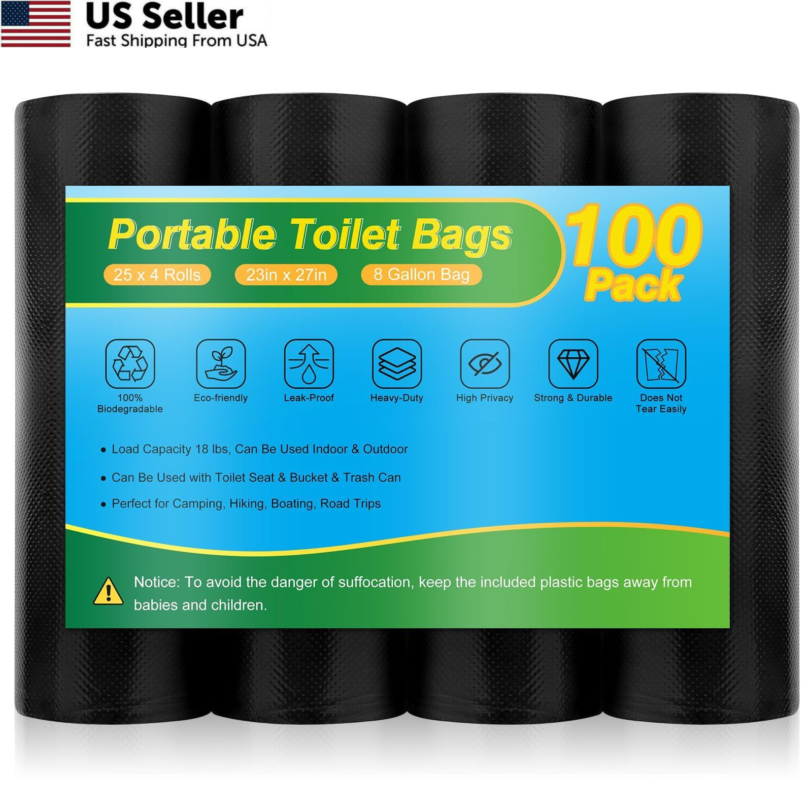 100 Portable Toilet Bags – Camping 1 Count (Pack of 100), 100 PCS