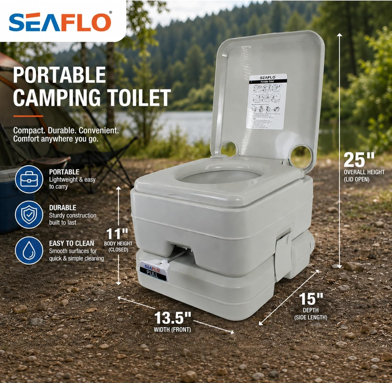 SEAFLO Premium Camping Portable Toilet – 5.8 Gallon Waste 3.43 Gall Fresh Tank (