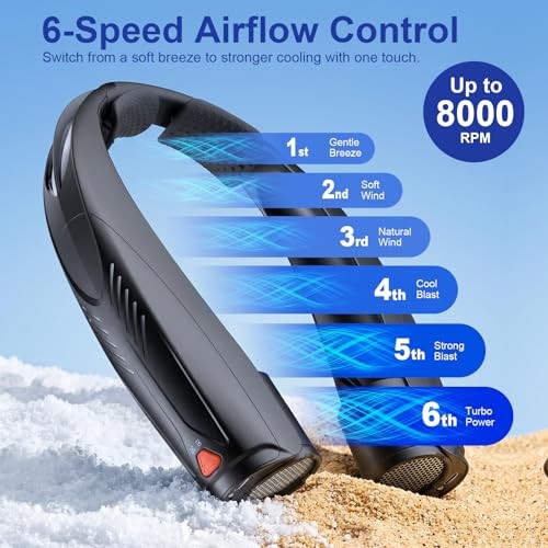 Portable Neck Fan with Reading Light – 6000mAh USB-C Rechargeable Hands – Black