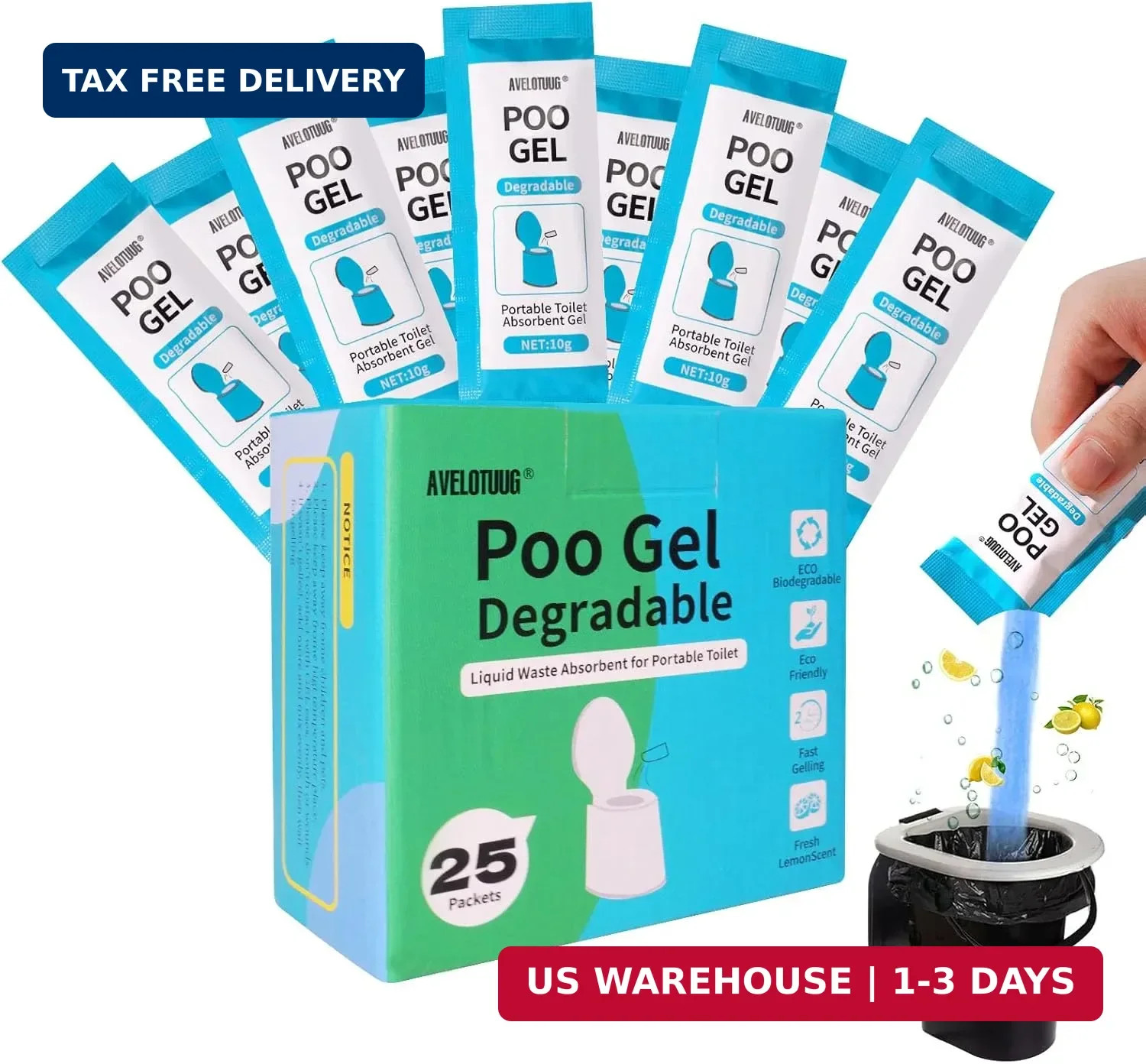 Portable Toilet Absorbent Gel Powder, 25 Pack Poo Gel for Camping Toilet Solid W