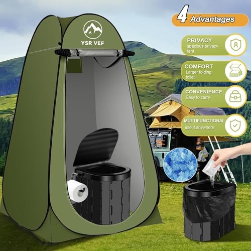 Portable Toilet Kit, Camping Toilet with Black Toilet and Green Tent With Light