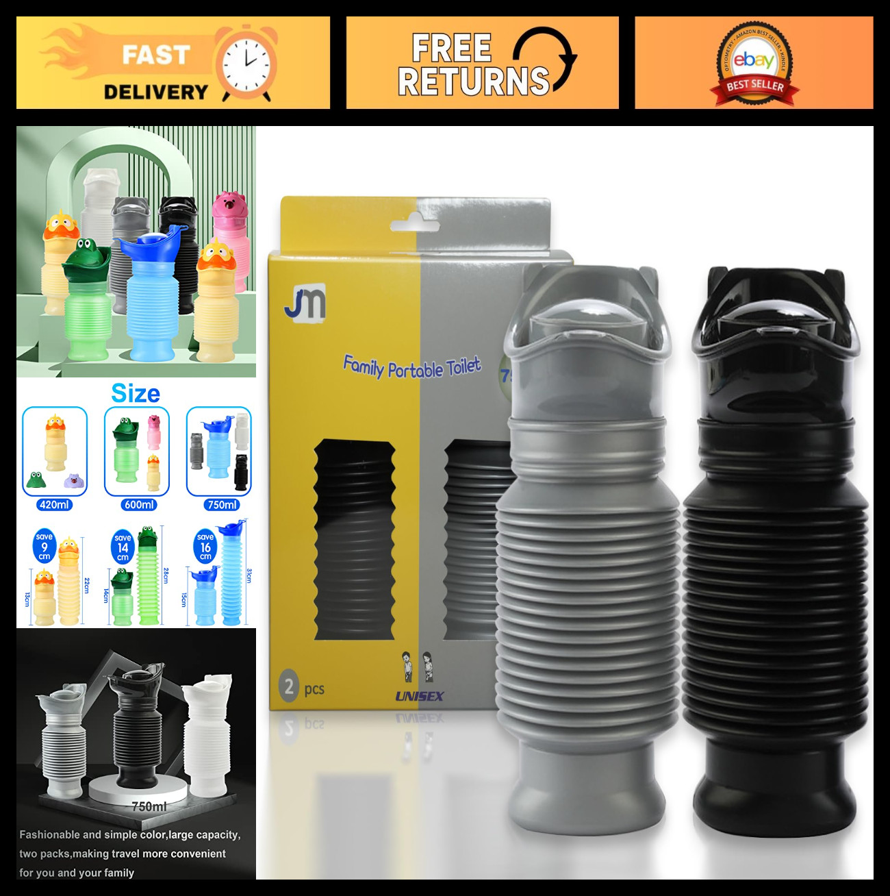 Portable Emergency Urinal 2-Pack, 750ml Travel Toilet for Car & Camping, Mini Pe