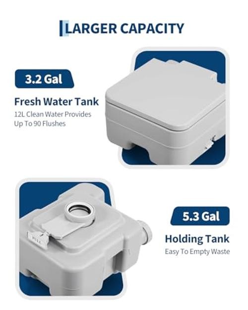 Portable Travel Toilet, T Outlet Water, RV Potty with 5.3 5.3 Gal Waste Tank