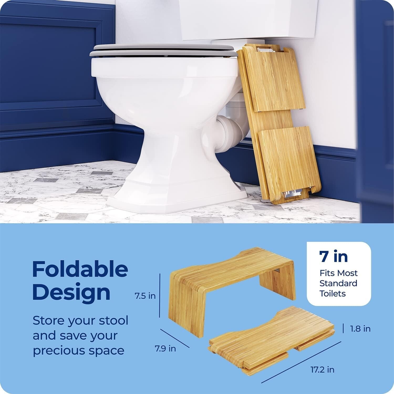 Taburete Plegable Para Inodoro Para Adultos, Bambú Resistente De 7 Pulgadas NEW.