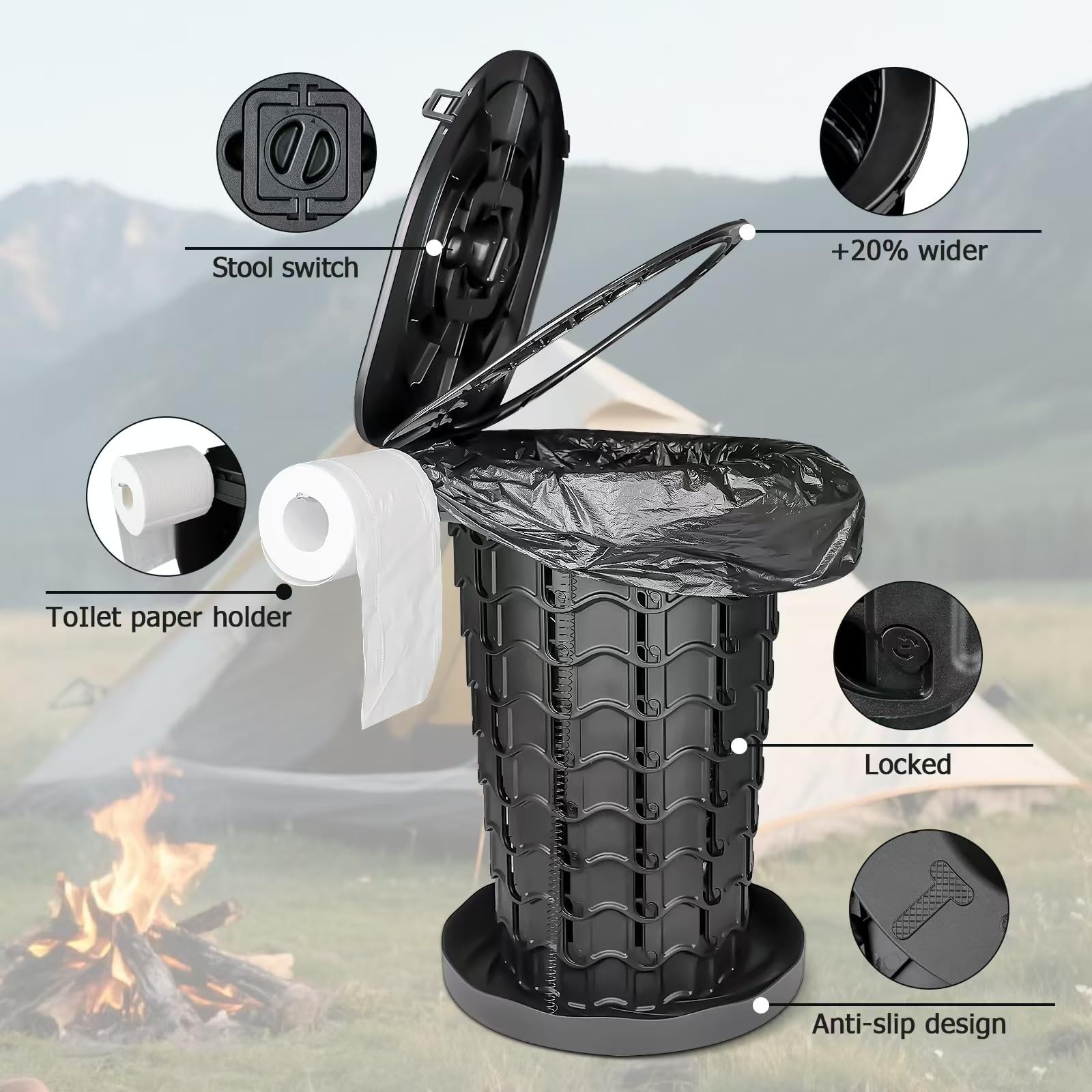 XXL Retractable Portable Toilet Travel Toilet (440lbs Capacity) Adjustable He…
