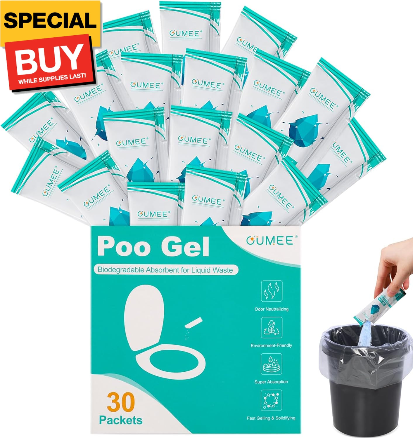 30 PACK Poo Gel for Portable Toilet, Camping Toilet Powder for Potty Bags, Eco A