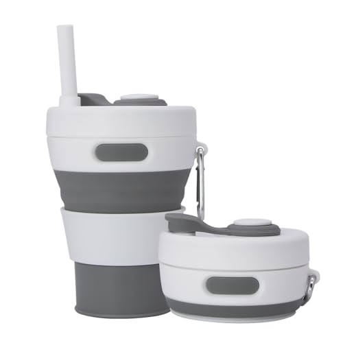 Collapsible Camping Cup with Straw Silicone Folding Coffee Cup Sport Gray-450ml