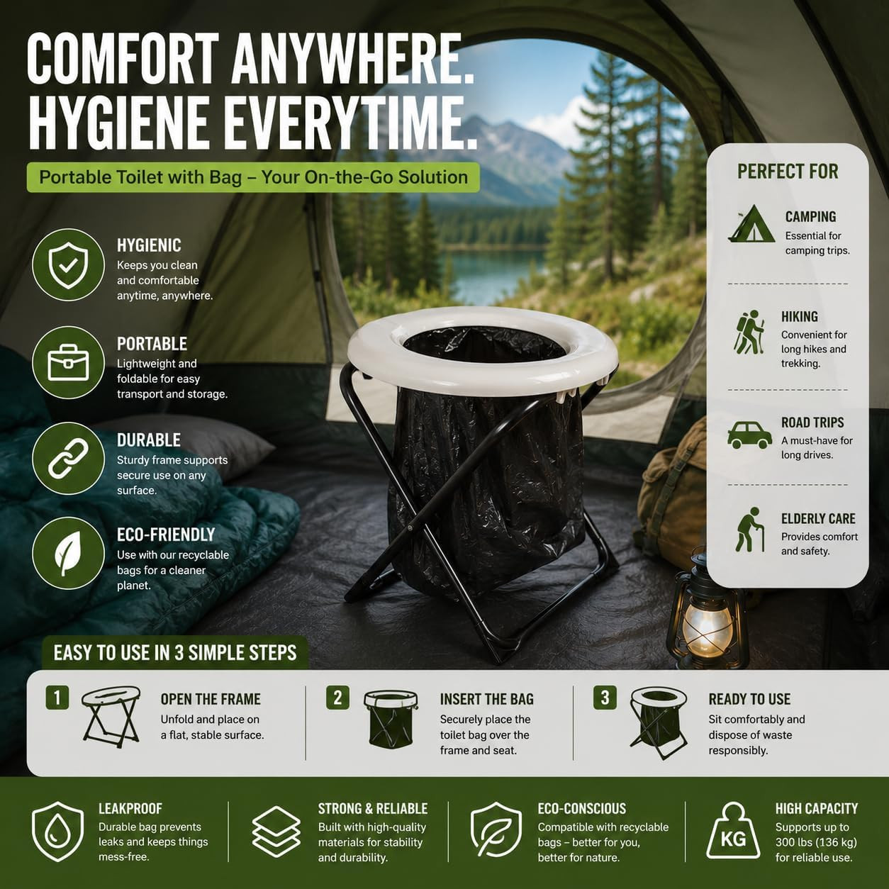 Portable Camping Toilet Waste Bags 8 Gallon Black Recycle Can Liners