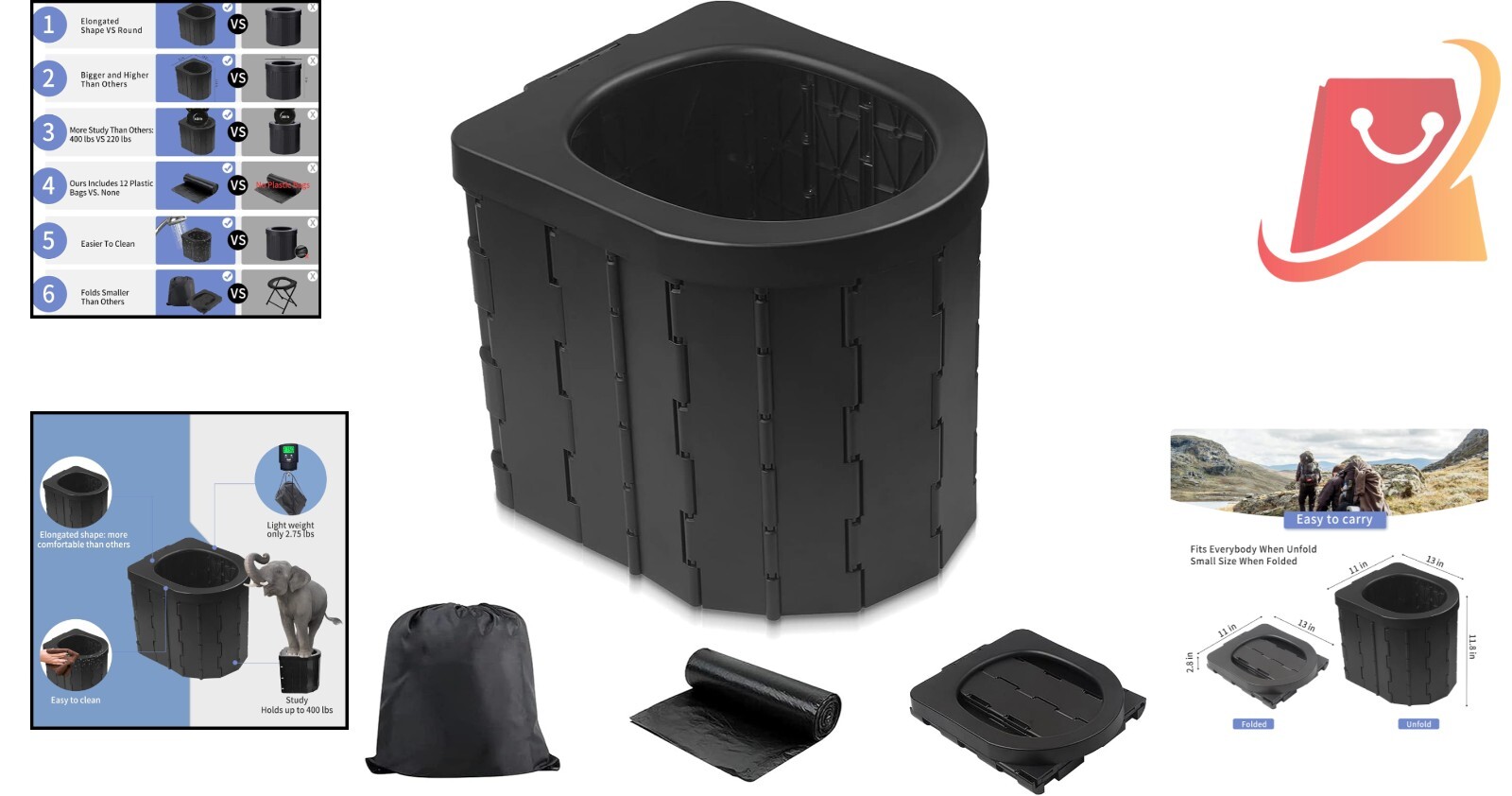 Portable Toilet Polypropylene 11.8″ for Camping, Hiking, Travel, Easy Cleanup