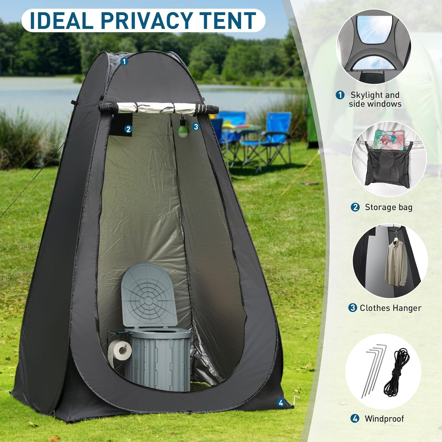 Portable Camping Toilet with Pop-Up Privacy Tent, 12-Inch Toilet Seat, Outdoor P
