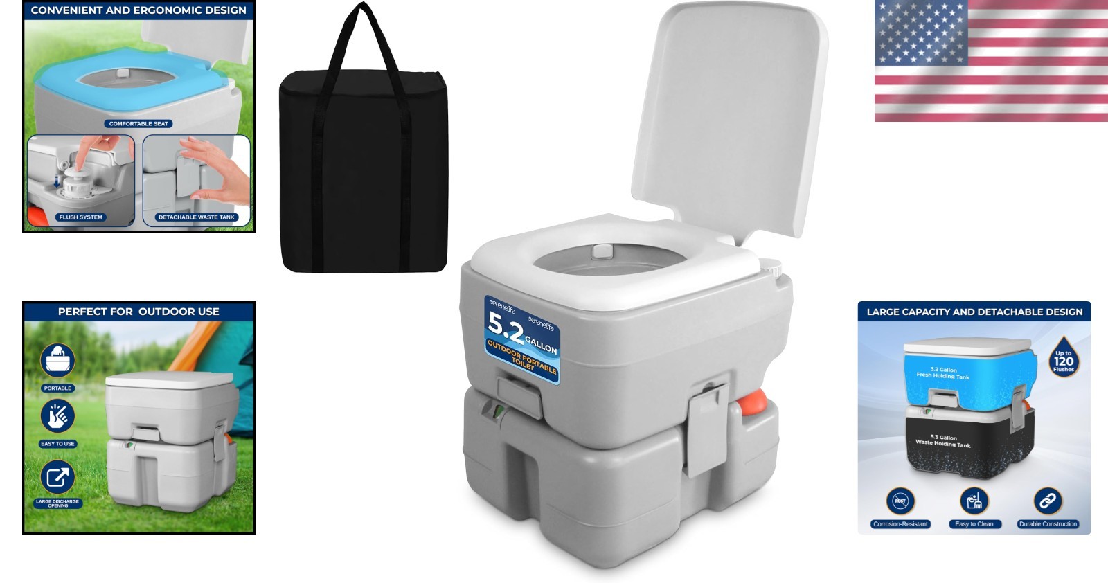Gray Camping Toilet: Leak Proof, Portable, Level Indicator