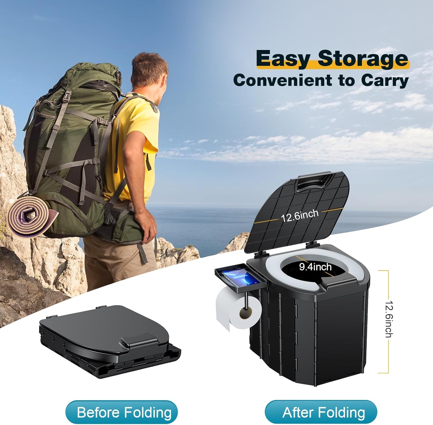 Portable Camping Toilet Foldable 12” Seat 450lbs Capacity Outdoor Emergency