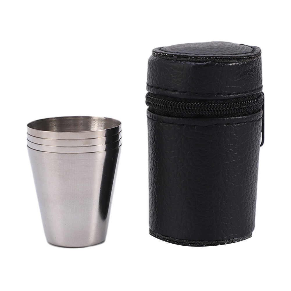 Stainless Steel Cup Set for Camping 30ml Pack of 4 with Leather Storage Case