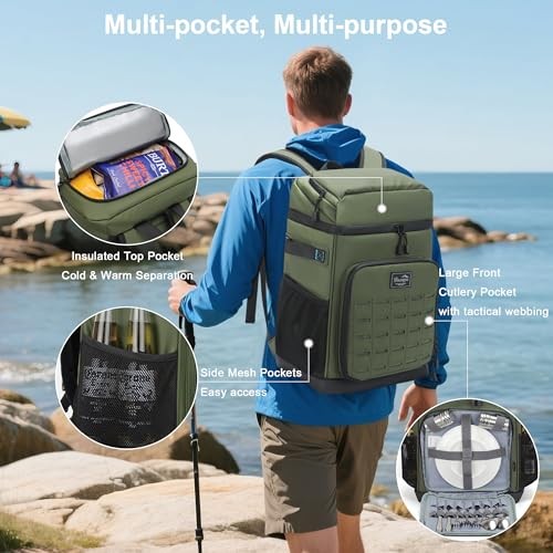 Cooler Backpack Insulated Waterproof for Men and Women, 2 Insulated Large Green