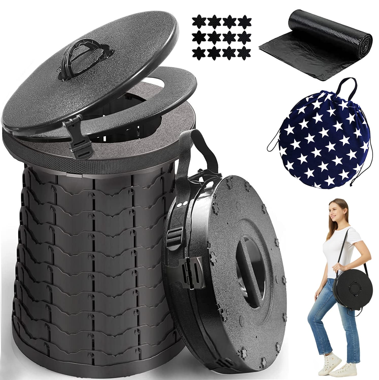 XXL Portable Toilet for Camping,19.7″H Adjustable Folding Toilet with Lid,Car…