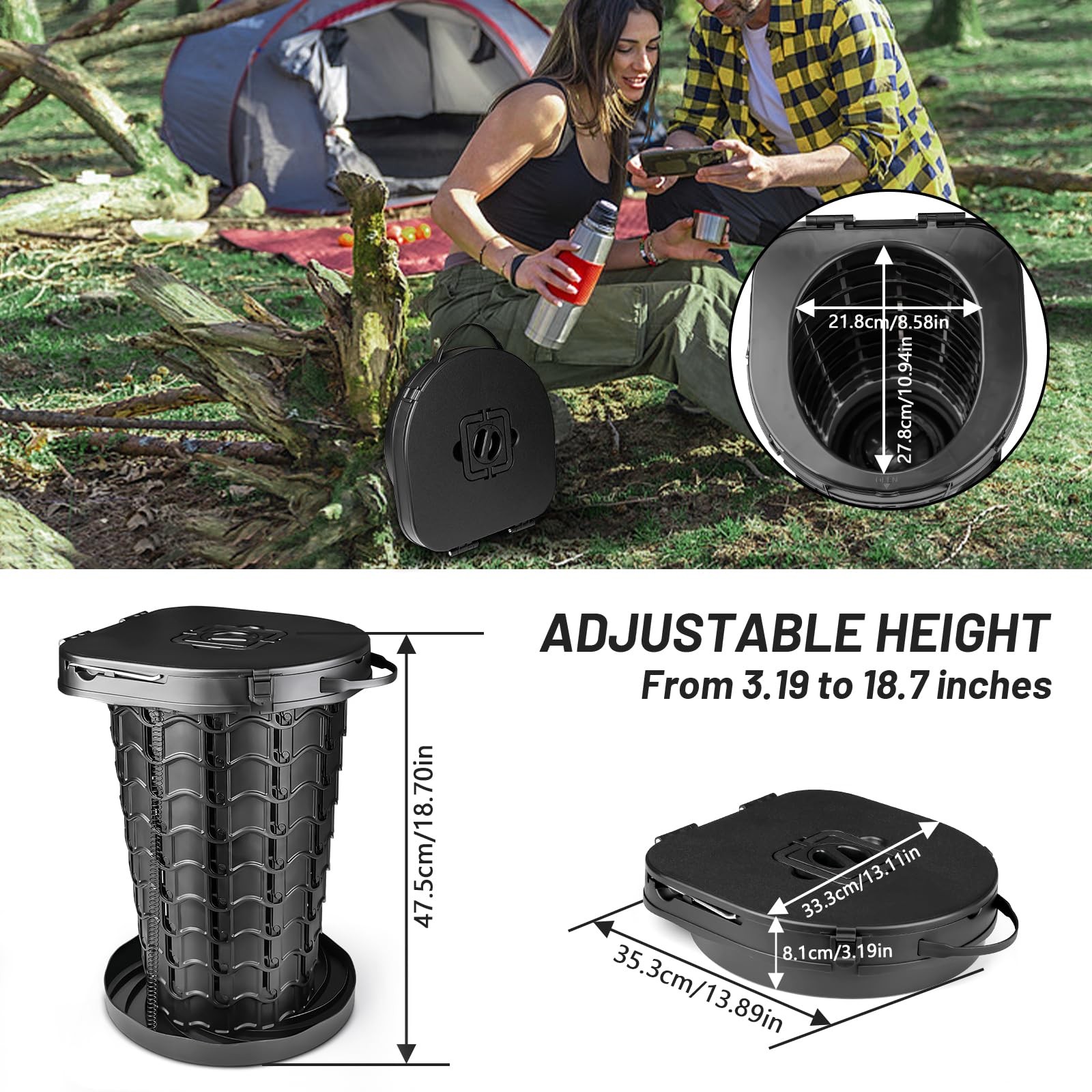 XXL Retractable Portable Toilet Travel Toilet (440lbs Capacity) Adjustable He…