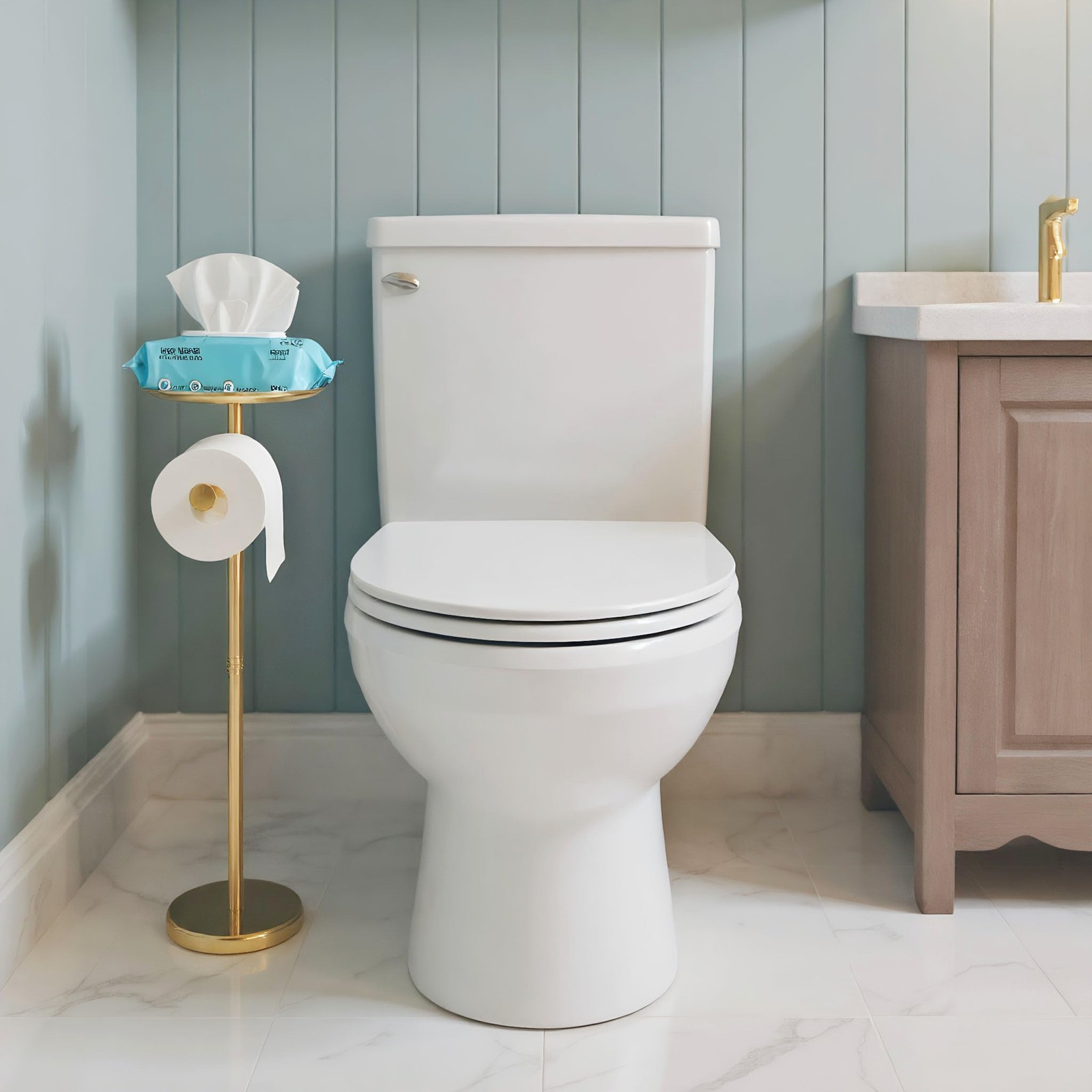 Toilet Paper Holder Stand Gold with Shelf on Top, Sturdy TP Roll Holder Floor St