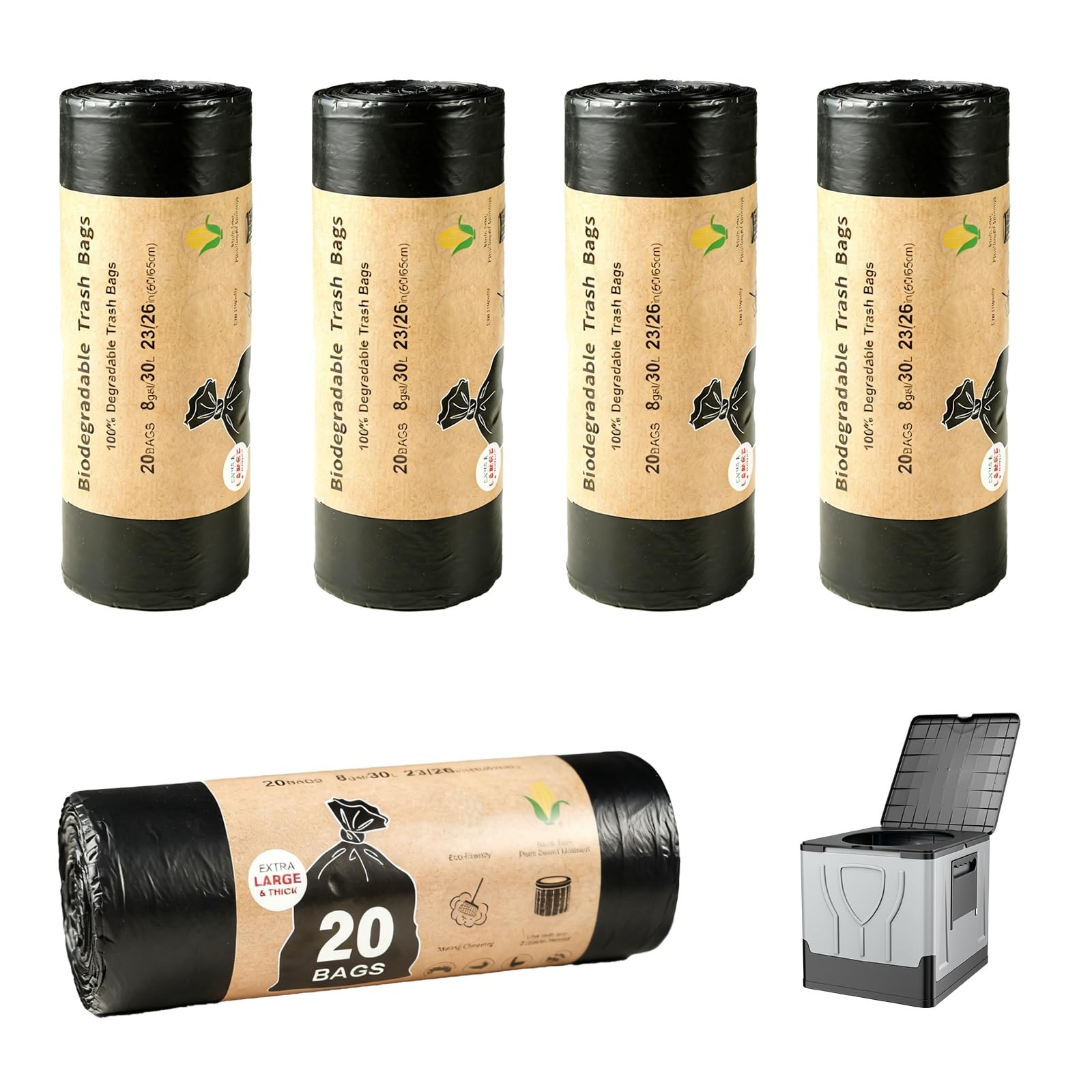 100 Piece Black Camping Toilet Bag Set, 30L Biodegradable Toile…